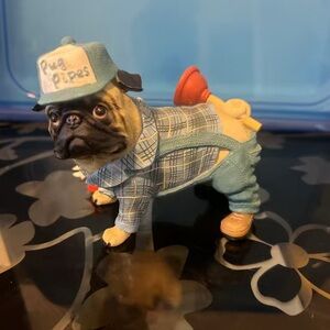 Adorable Pug Figurine in Blue Plaid Outfit